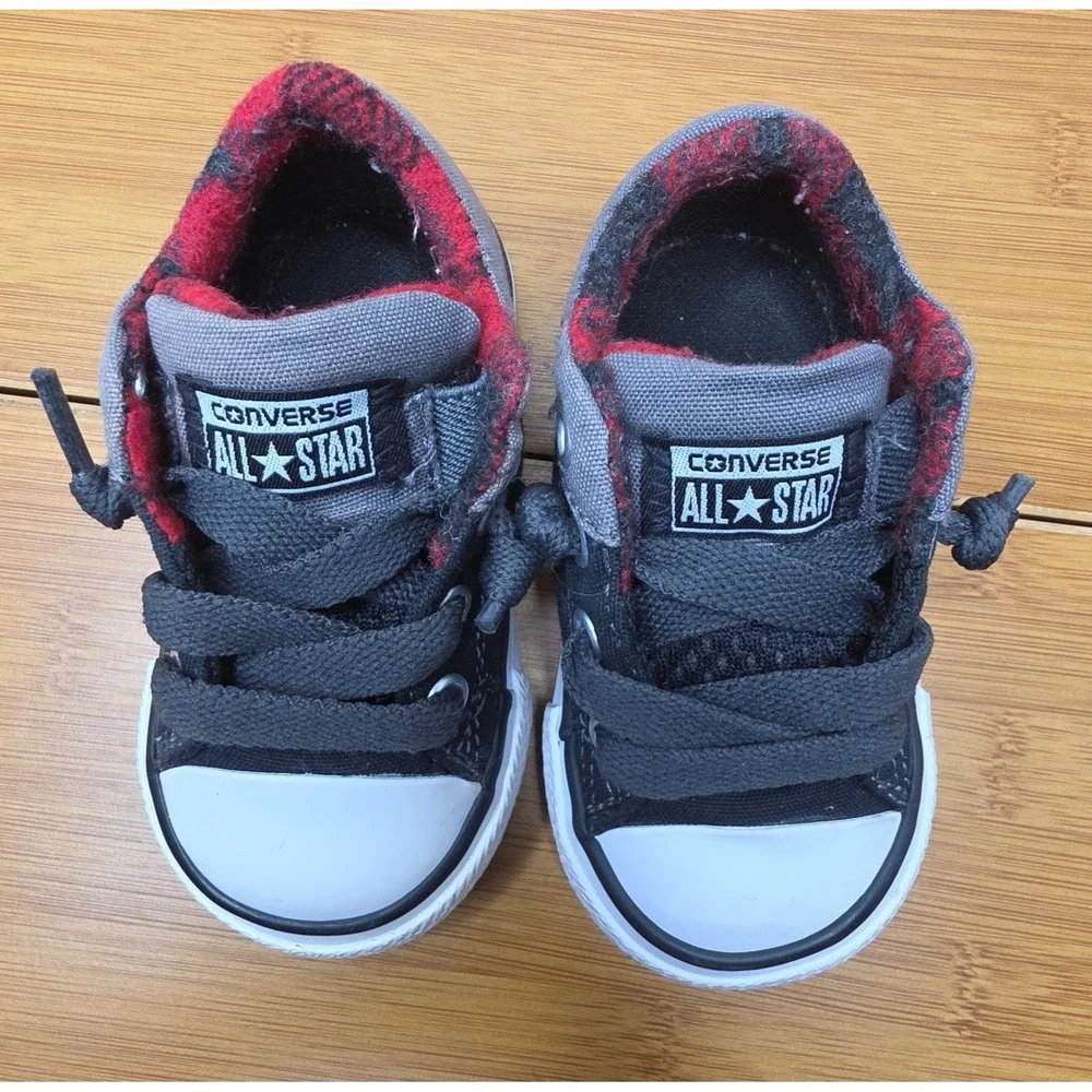 Converse All Star Low Top Toddler Shoes Black Gray Red Check Lining Size 4